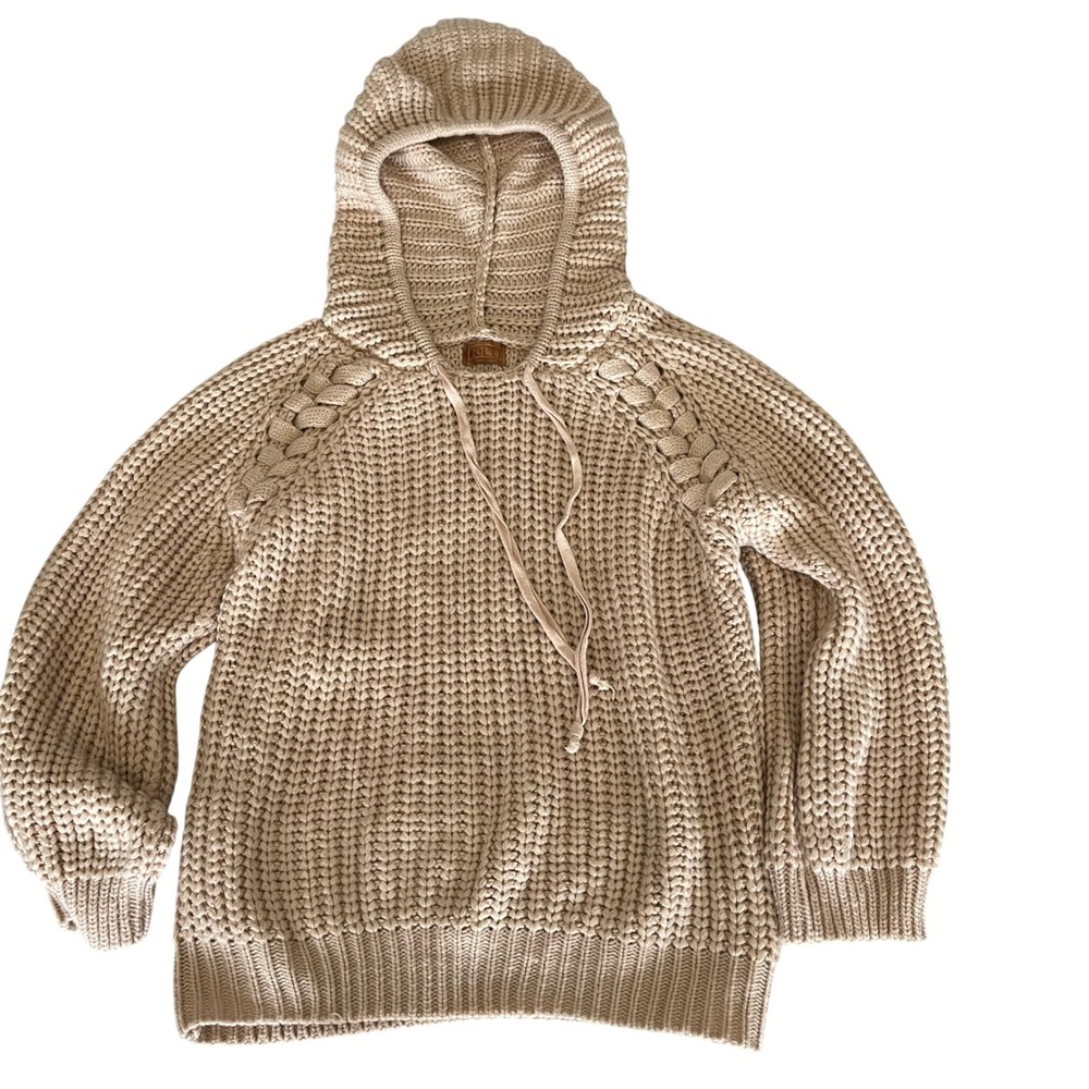 POL Beige Chunky Knit Hooded Sweater Small Boho‎ Cozy Pullover Braided Detail